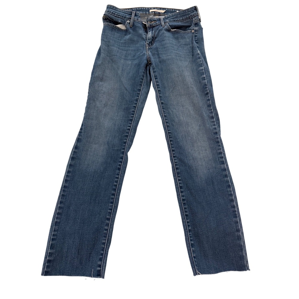Levis 714 Straight Leg Jeans Womens Blue Medium‎ Wash Denim Raw Hem Mid Rise 28